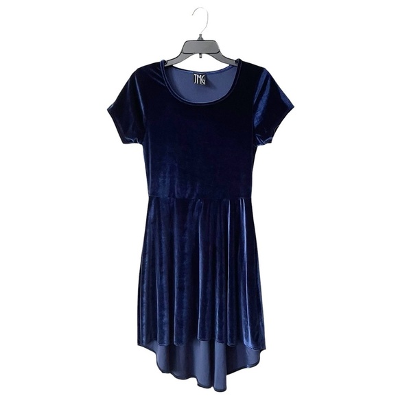 TMG New York Dress Women's Size S Blue Velvet Hi-Low Hem Short Sleeve Fit Flare - Picture 1 of 6